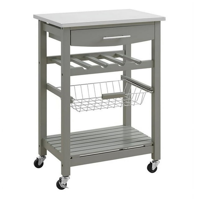 Riverbay Furniture Transitional Wood/Stainless Steel Kitchen Cart in Warm Gray