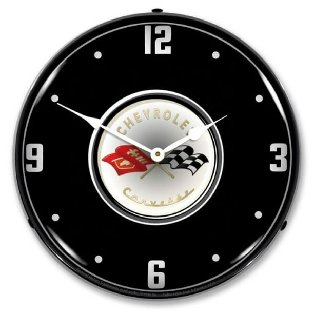 C1 Corvette Flags Black Tie Logo Vette Car Wall Clock Led 14 Light Backlit New Com - Led Backlit Wall Clock