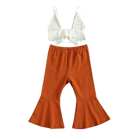 

Kuriozud Little Girl Solid Color Crop Tops Flared Long Pants Suits