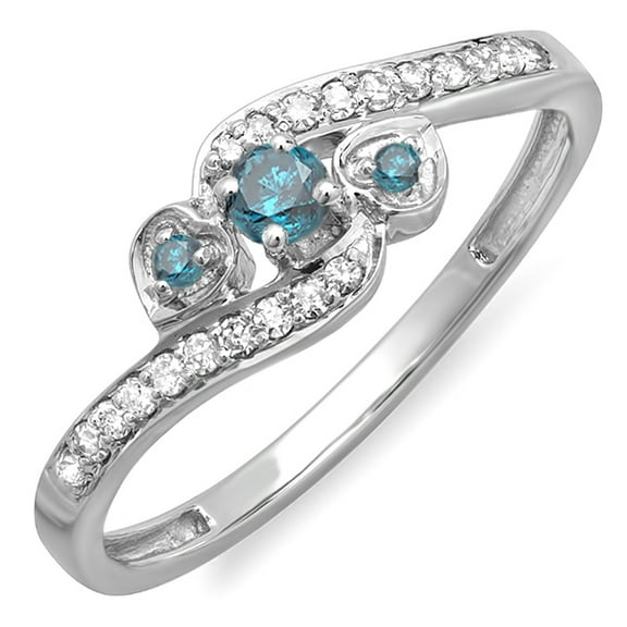 Dazzlingrock Collection 0.25 Carat (ctw) 14k Blue & White Diamond Bridal Promise 3 Stone Swirl Ring 1/4 CT, White Gold, Size 6