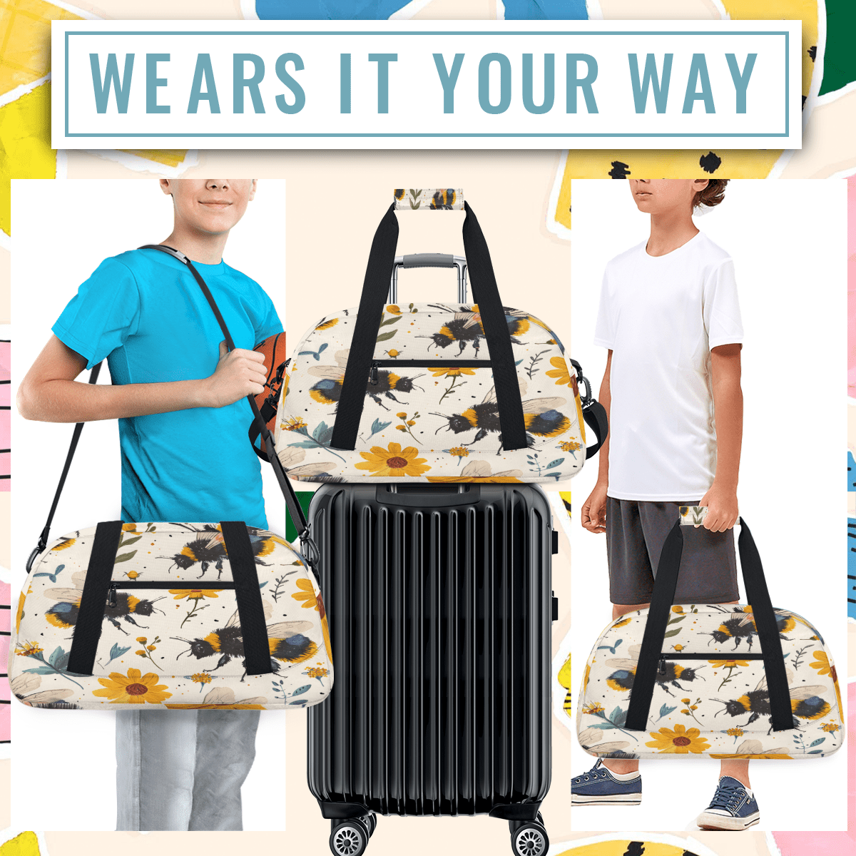 Herdesigns Bee Sports Duffle Bag for Women & Men, Flowers Bee Gym Bag Dance Bag Overnight Bag Carry On Weekender Travel Bag