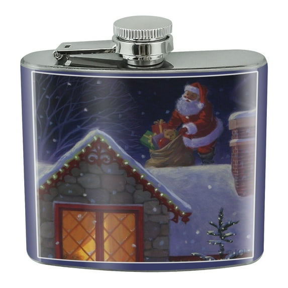 Christmas Holiday Santa Claus on Roof Stainless Steel 5oz Hip Drink Kidney Flask