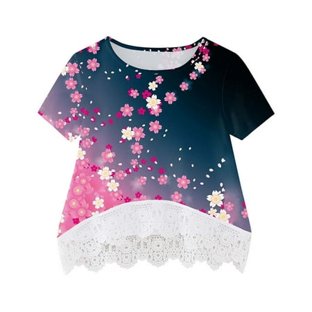 

YANHAIGONG Summer Baby Tops Clearance Girls Shirt Crewneck Layered Floral Print Short Sleeve Cute Kids Blouse Lace Tee Top 3-14 Years