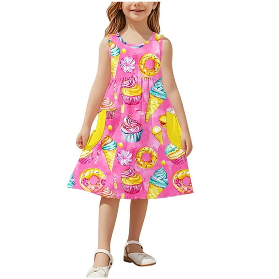 Edvintorg Girls Dresses Casual Summer Loose Stretchy A Line Dress Cute Printed Crewneck Sleeveless Tank Sundresses with Pocket Beach Vacation Clothes 3-14 Years
