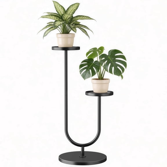 UNTIMATY 18" x 18" x 29" 2-Tier Black Metal U-Shaped Plant Stand with Round Trays for Home Garden