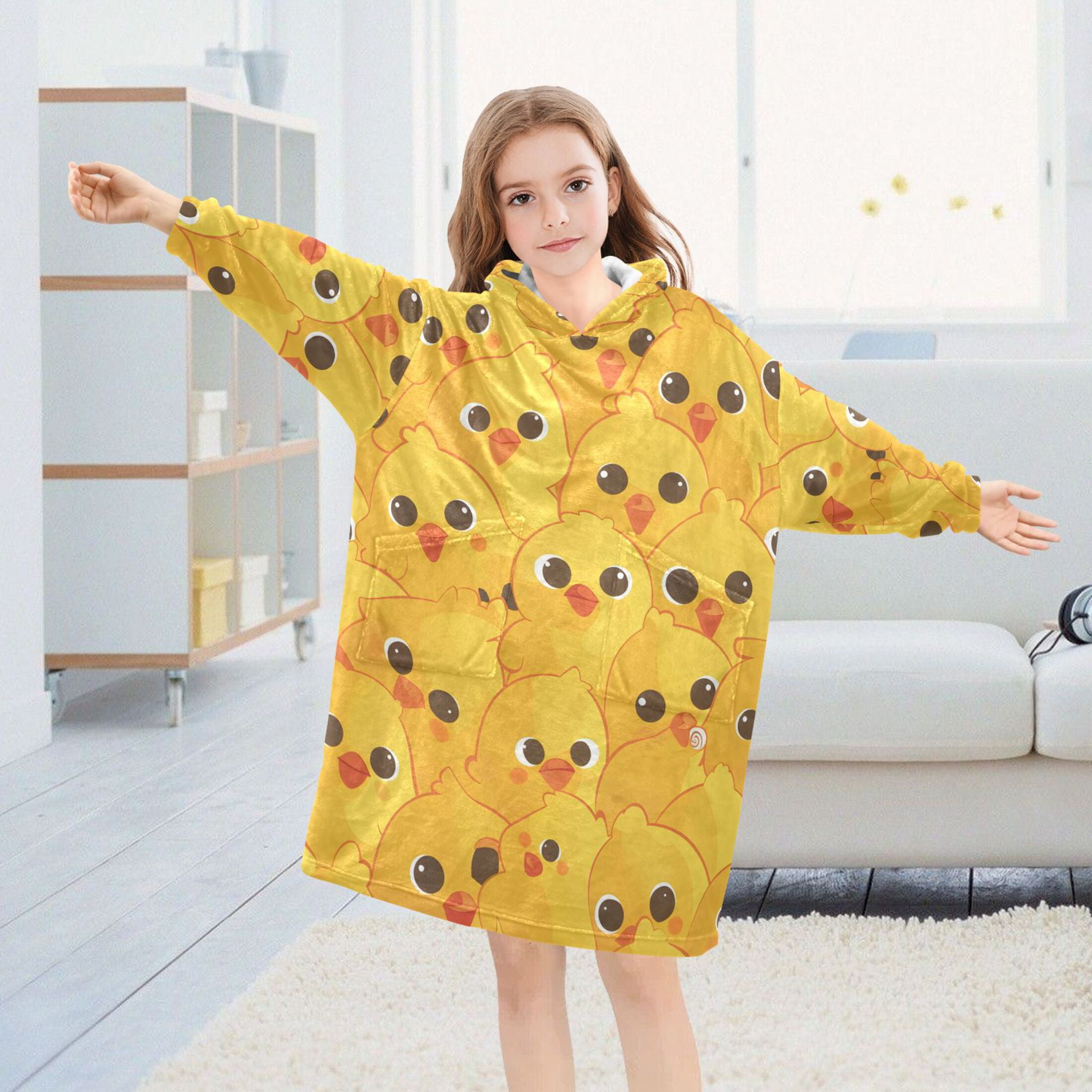 joogoo Wearable Blanket Hoodie for Kids Cute Chickens Yellow Flannel Oversized Sweatshirt 3-14 Years L