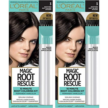 L Oreal Paris Magic Root Rescue 10 Minute Root Hair Coloring Kit  Permanent Hair Color with Quick Precision Applicator  100% Gray Coverage  3 Soft Black  2 count