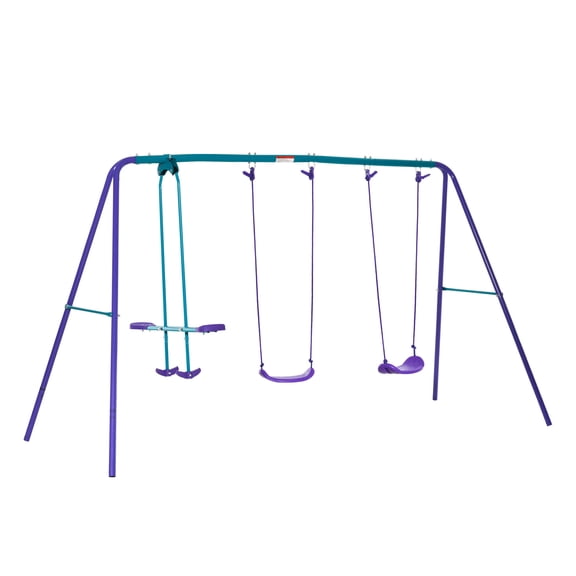 396lb Capacity Purple Metal Swing Set - Outdoor A-Frame Playset with Glider & 2 Adjustable Swings (110.3"L x 55"W x 70"H)