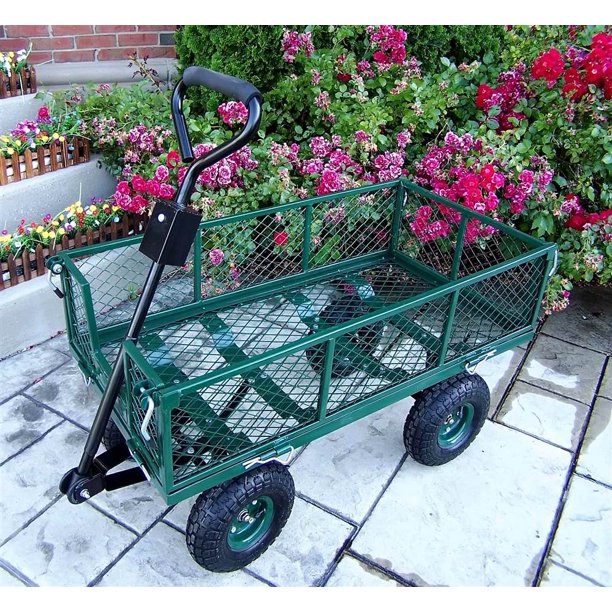 Steel Garden Utility Cart w Folding Handle & Green Finish