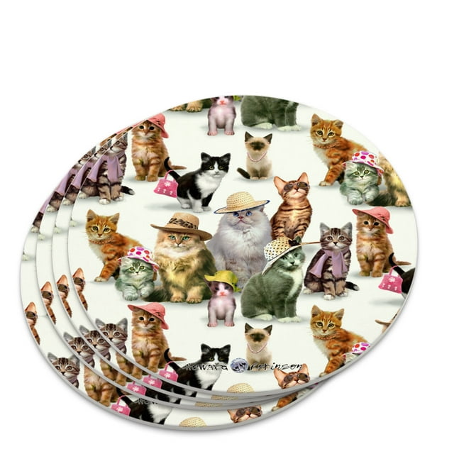 Cats Kittens in Hats Pattern Novelty Coaster Set