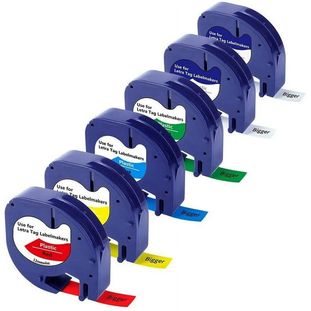 Compaitble Ruban d'Étiquette de Remplacement pour Ruban Dymo Létratag Ruban d'Étiquette en Plastique, Noir sur Blanc, Jaune, Rouge, Bleu, Vert, Transparent, Ruban Auto-Adhésif, 1/2 Pouce x 13 Pieds, 12mm x 4m, Lot de 6