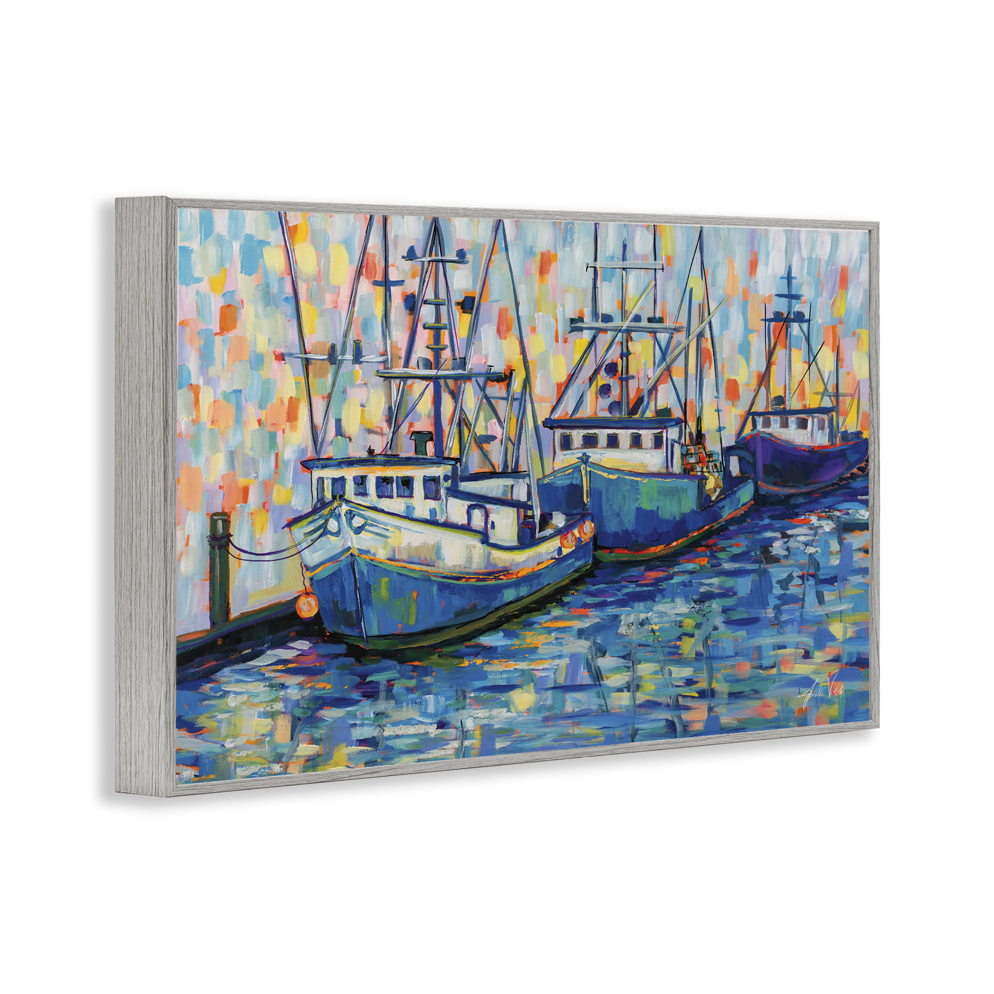 Stupell Industries Vivid Boats in Harbor Transportation Painting Gray Framed Art Print Wall Art, 30 x 20