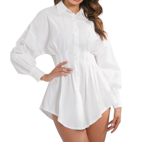 Women's Stylish Pleated Waist Slim Fit Long Sleeve Shirt Dress Elegant Casual Wear Comfortable Daily Outfits Trendy Fashion