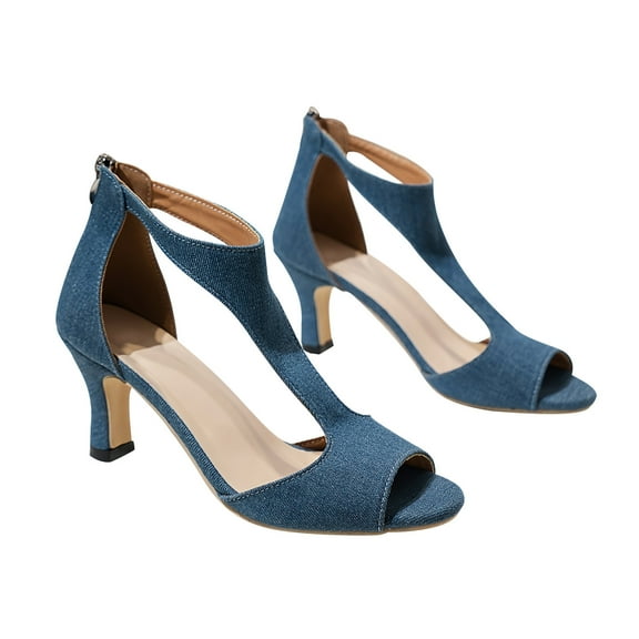Nrmvnmi Women's Summer T-Strap Heeled Sandals Open Toe Wedding Party Gown Wedding Block Chunky Heels Pumps Blue Mothers Day Gifts