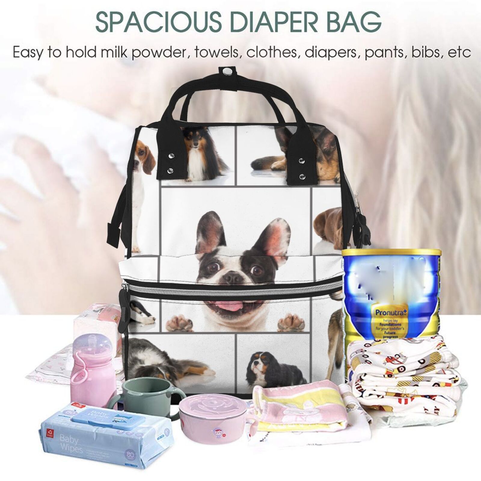 Fuzoiu Pedigree dogs collage Print Diaper Bag Backpack,Baby Essentials Travel Tote,Multi function Waterproof Diaper Bag, Travel Essentials Baby Bag - Unisex