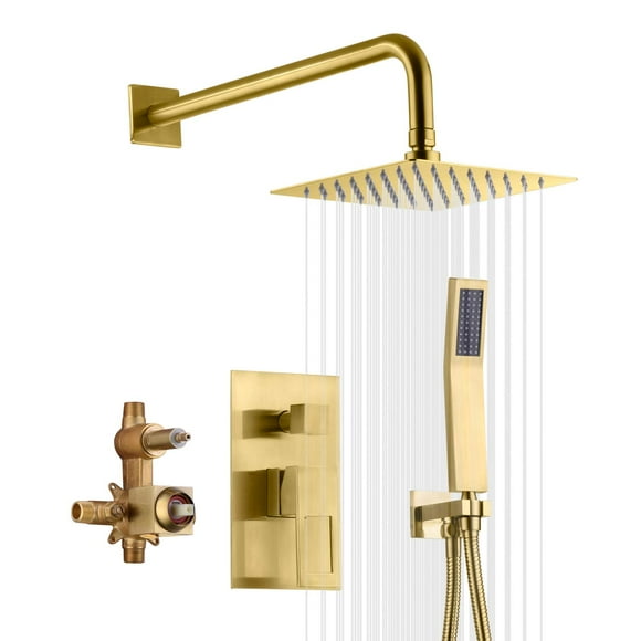 sumerain Brushed Gold Shower System Pressure Balance Shower Faucet, 8 Inches Square Rain Shower Head and Hand Shower, Including Rough-In Valve