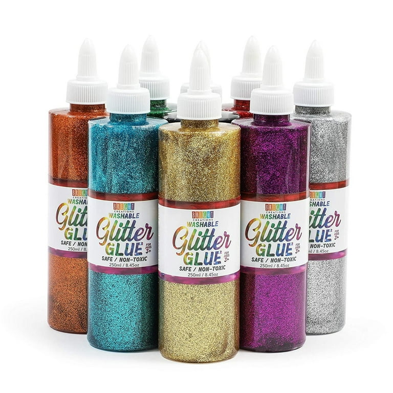 Metallic Art Glue with Glitter Bottles, 8 Colors for Crafts (8 oz, 8 Pack,  16 Caps)