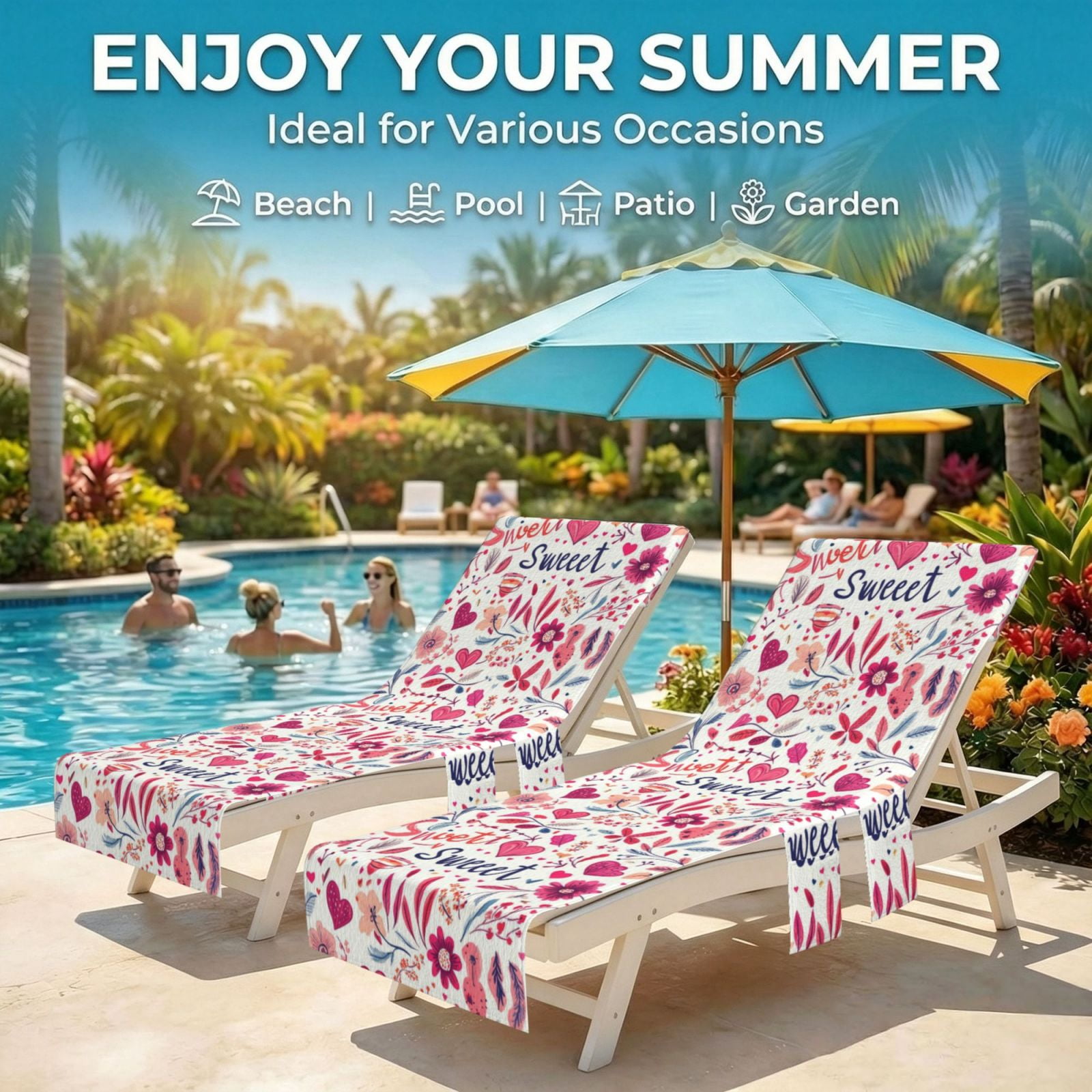 1 Pc Beach Chair Cover 30×85in Absorbent Non-Slip Easy To Handle Collapsible For Most Standard Beach Chair Loungechairs Sweet Flower