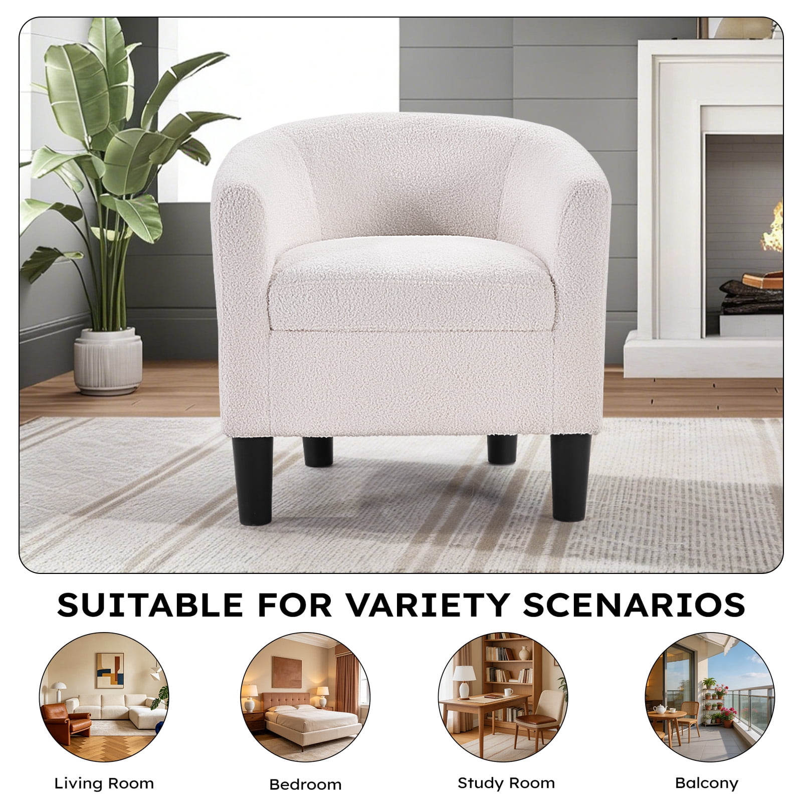 Bonzy Home Accent Barrel Chair, Teddy Fleece Upholstered Club Chair with Armrest Small Reading Chair, for Living Room, Bedroom & Reception Room, Cream