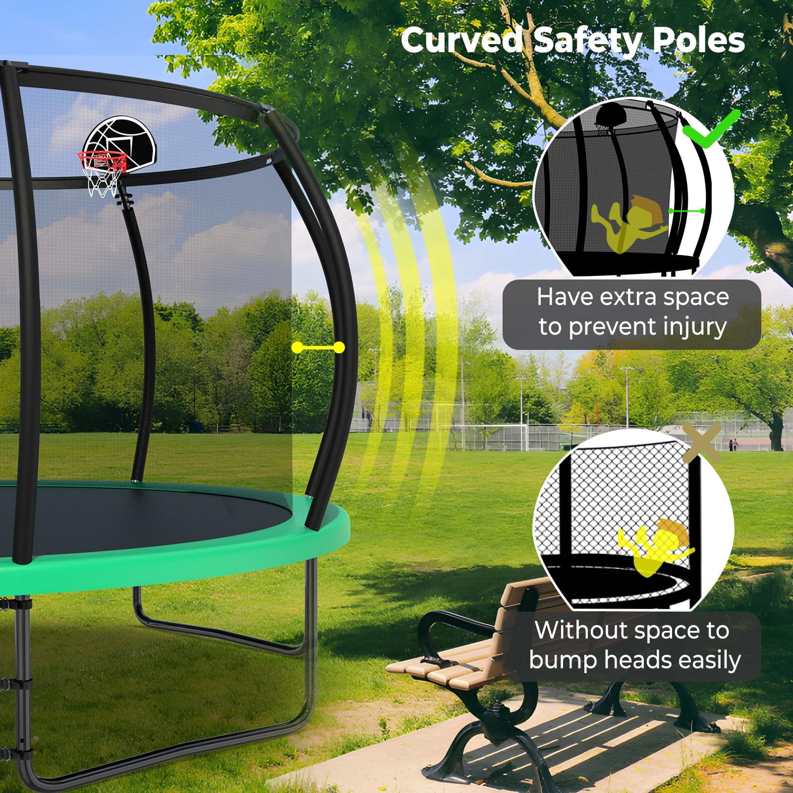 JOYFULIN Trampoline, 14FT Trampoline for 2-3 Adults or 5-6 Kids, 1400LBS Trampoline with Enclosure, Basketball Hoop, Shoes Bags, Galvanized Full Spray Outdoor Recreational Round Trampolines