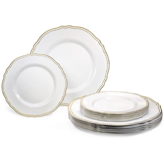 " OCCASIONS " 50 Plates Pack (25 Guests)-Heavyweight Wedding Party Disposable Plastic Plate Set -25 x 10.25'' Dinner 25 x 7.5'' Salad /dessert plates (Rochelle White and Gold)