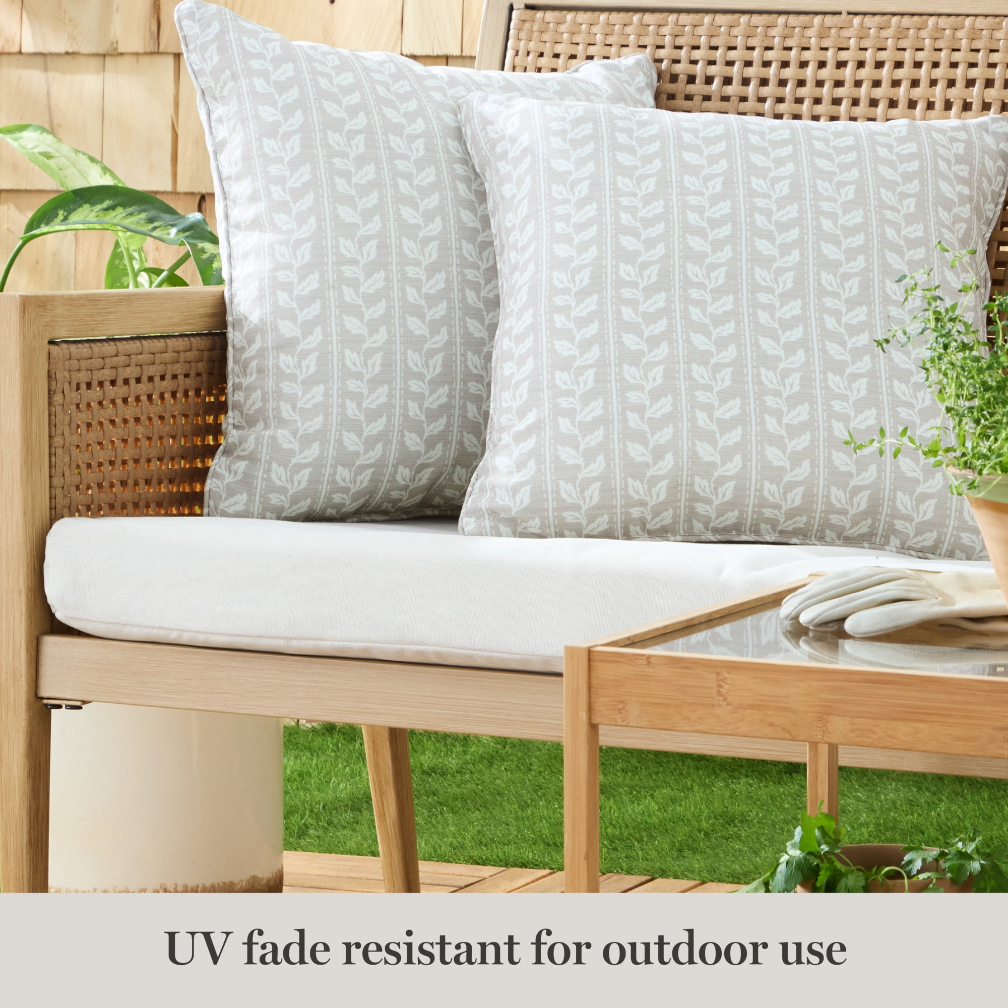 MARTHA STEWART Vineyard Vines Indoor Outdoor Decorative Pillow 2-Pack Set, UV Fade Resistant, Water Repellent, Printed Garden Design, Warm Grey, 18"x18"