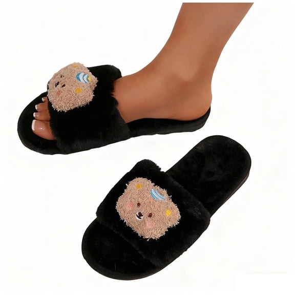 CHUMUD Women's Open-Toe House Slippers - Bear Print Furry Slides with Durable Sole, Cozy & Cute Indoor Fall Shoes