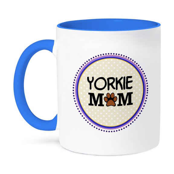 3dRose, Yorkie Dog Mom - Yorkshire Terrier - Doggie mama by breed - doggy lover paw print - pet owner circle, 15oz Two-Tone Blue Mug