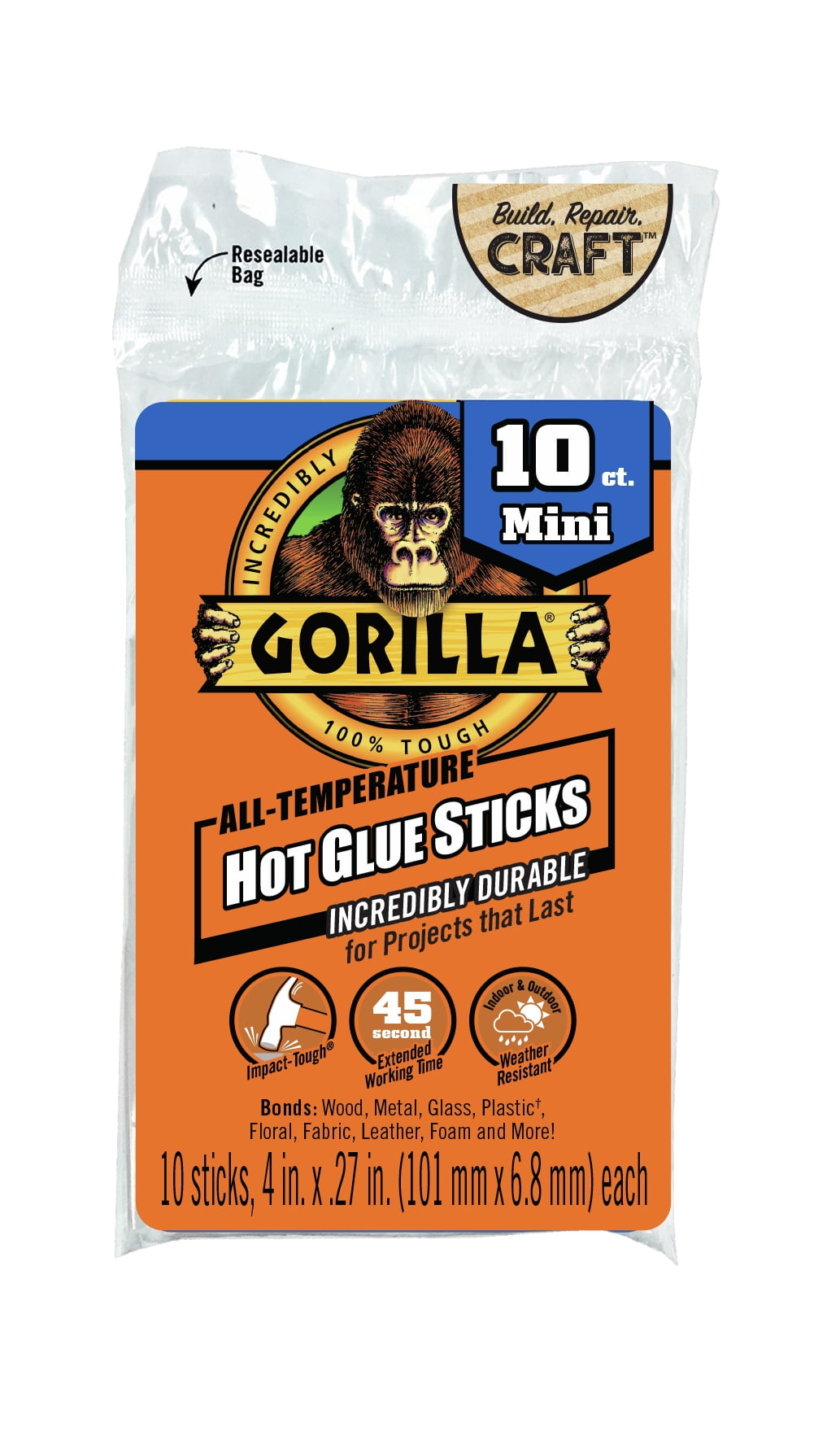 Gorilla Glue Clear 4" Dual Temp Mini Hot Glue Sticks, 10 Count