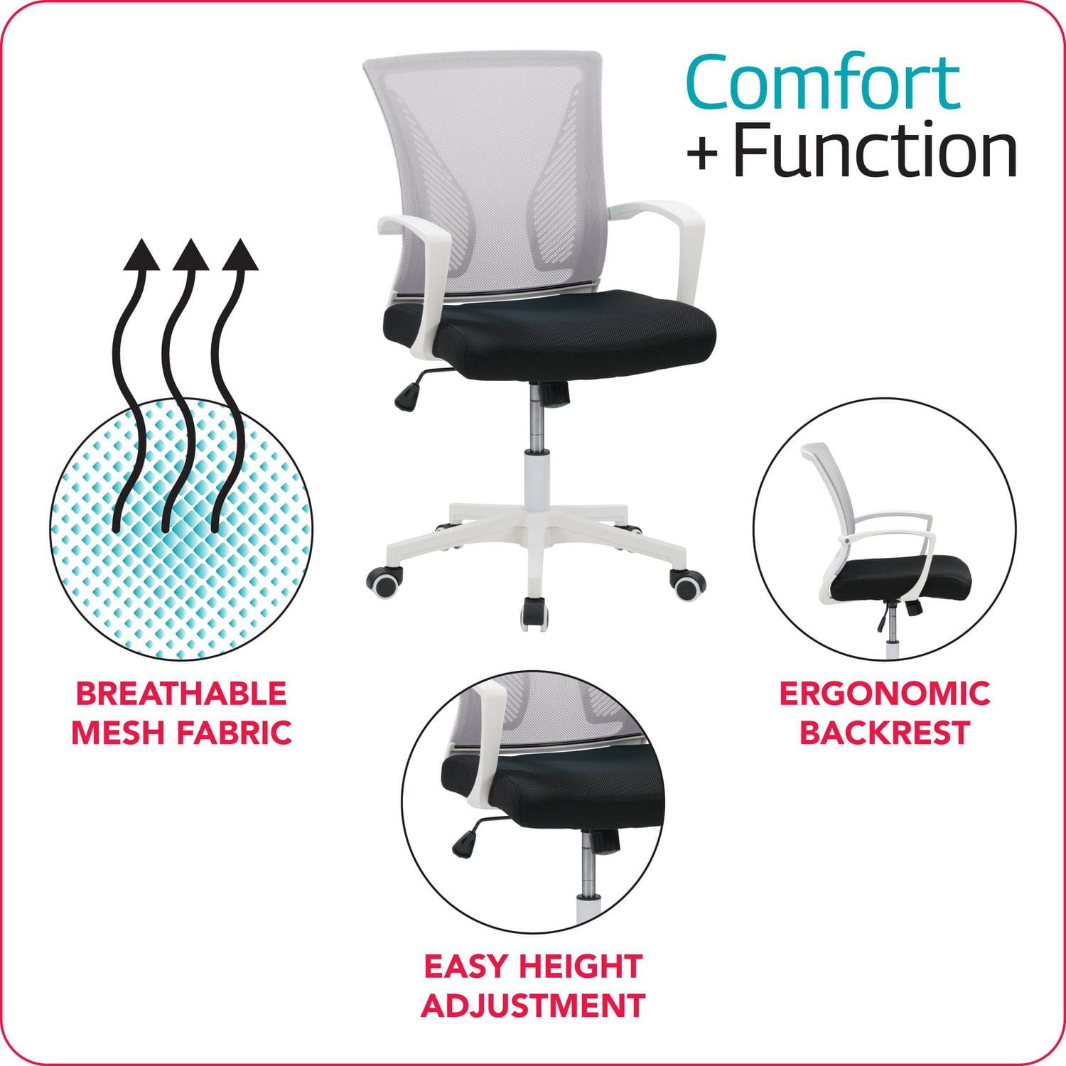 Chaise de bureau ergonomique Cooper pour adulte, hauteur réglable, dossier en maille, avec roulettes, gris/blanc/noir