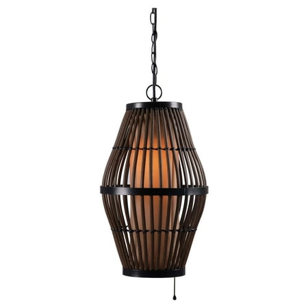 Kenroy Home Polynesian-Inspired Outdoor Pendant, 1 Light, 6 Inch Diameter, Natural Rattan Look, Black Finished Hardware, Tan Textured Inner Shade, On/Off Pull Chain Switch, No Hardwiring Required