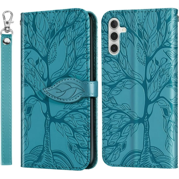 Wallet Case for Samsung Galaxy A15 5G Case Women Leather Flip with Wrist Strap Magnetic with Card Holder Adjustable Stand Protective Case for Samsung Galaxy A15 5G Life Tree Blue