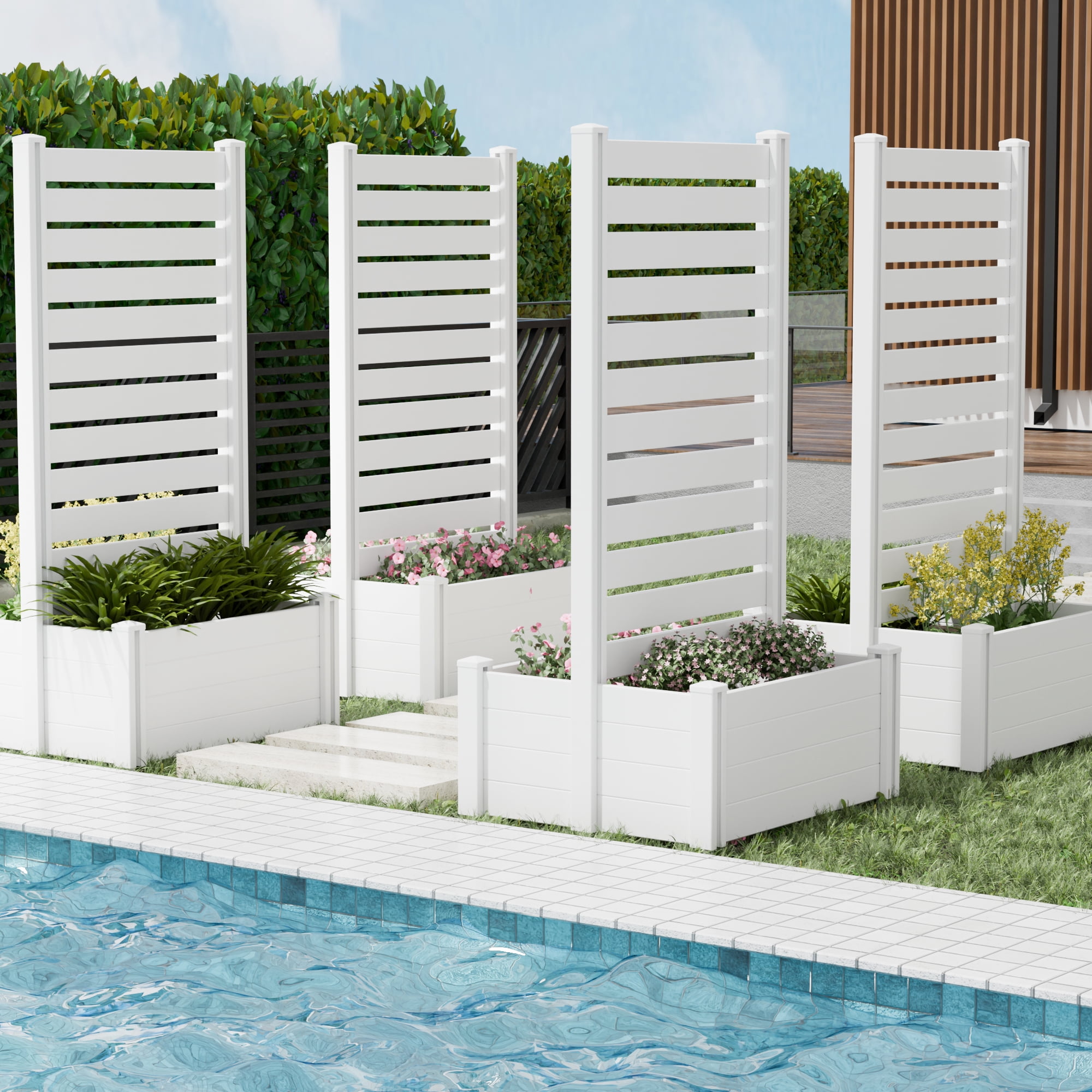 MAYEERTY Outdoor White PVC Rectangular Planter Box with Trellis for Climbing Plants, Raised Garden Bed