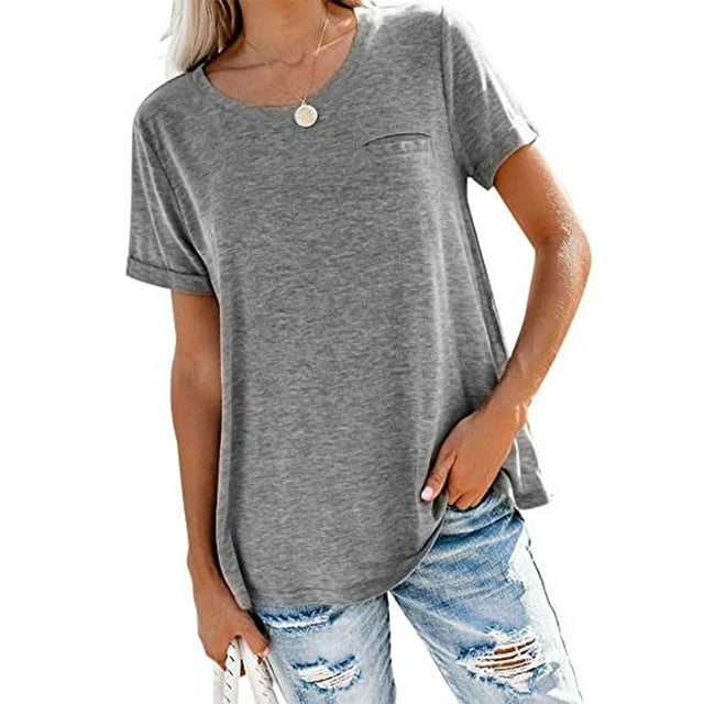 LUXUR Tee-Shirt Femme Manches Courtes Hauts Couleur Unie T-shirt Tunique Mode Blouse Col Rond T-shirt Gris TTG