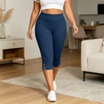 thumbnail image 4 of BVnarty women capri slim fit leggings high rise stretch waist side button split hem solid print tight cropped pant caf茅 daily wear Navy XXXXL, 4 of 8
