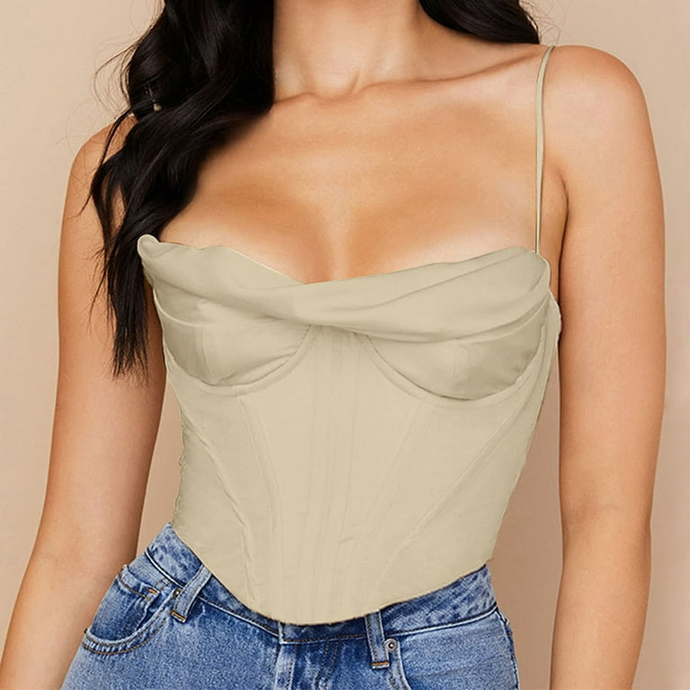 RQYYD Clearance Women's Vintage Bustier Satin Cowl Neck Boned Adjustable  Spaghetti Straps Corset Tops Sexy Casual Going Out Party Crop Top Khaki S