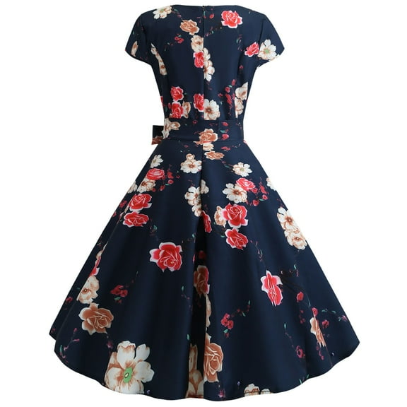 IDALL Summer Dresses,Petite Dresses Women Vintage Cocktail Dresses 2023 Tea Party Dress Wedding Guest Dress Elegant Dresses,Modest Dresses,Womens Dresses Dark Blue Dress L