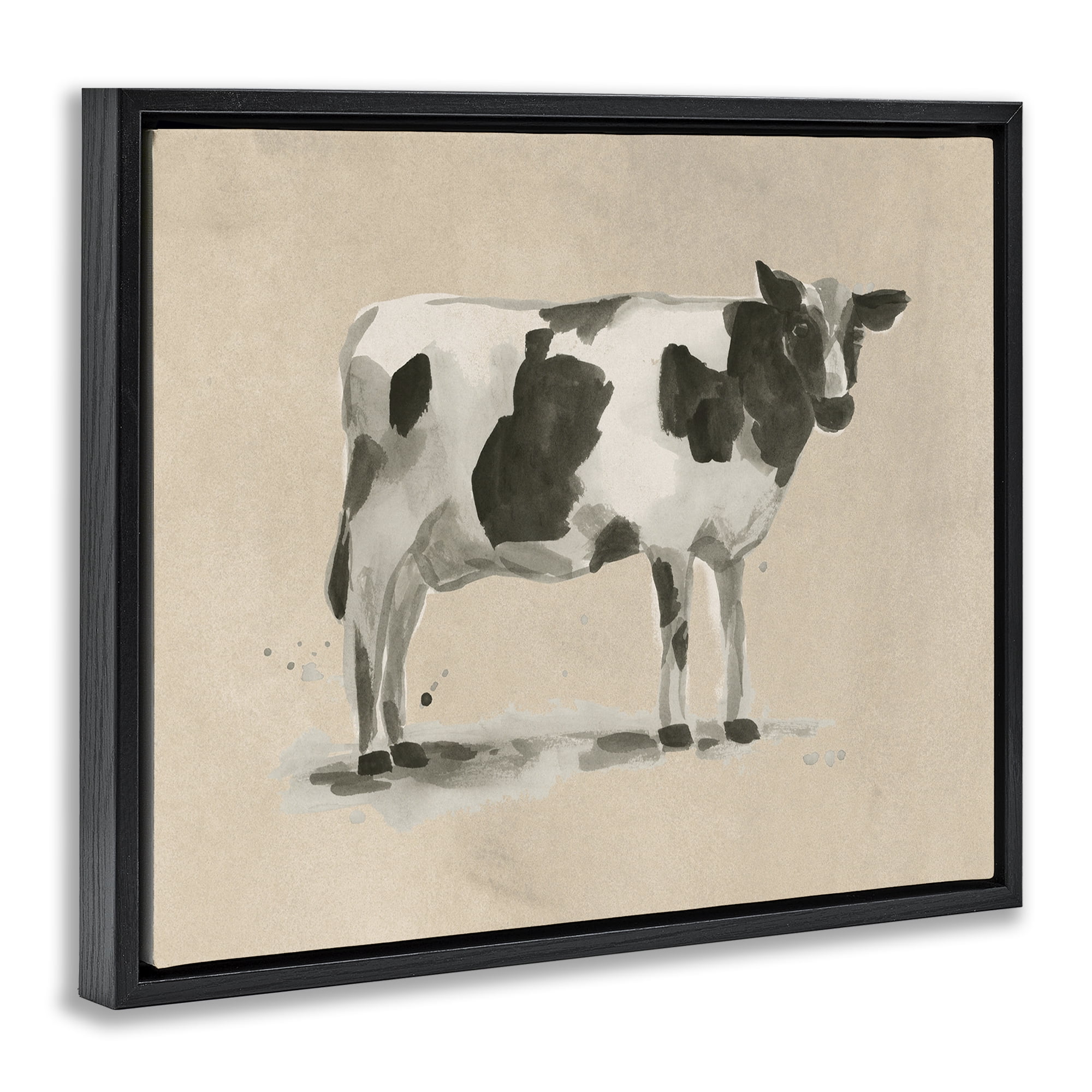 Stupell Industries Traditional Cow on Beige Animals & Insects Painting Black Floater Framed Canvas Art Print Wall Art, 21 x 17