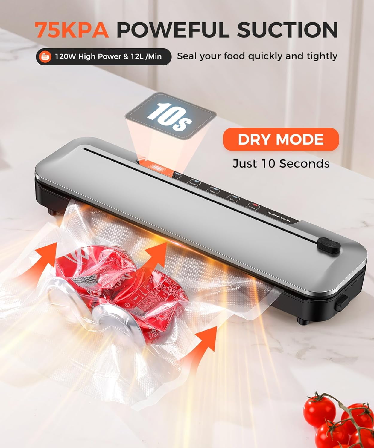 Vacuum Sealer Machine,75Kpa Precision Suction Power 6-in-1 Food Sealer with Digital Timer, Dry & Moist Food Modes, Compact Design with 10 Vacuum Bags & Bulit-in Cutter