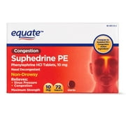 Equate Maximum Strength Congestion Suphedrine PE Nasal Decongestant Tablets 10mg, 72 Count