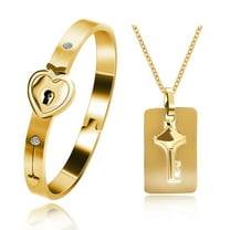 Gold Plated Stainless Steel Matching Puzzle Couples Heart Bracelet and Shield Key Pendant Necklace for Men and Women SN300