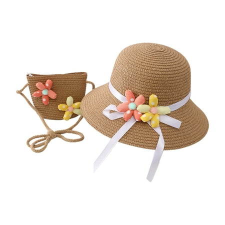 JAHH Straw Hat & Shoulder Bag Beach Set for Girls Kids  Wide Brim Sun Hat with Adjustable Chin Cord + Woven Tote Summer Outdoor Outfit Accessories