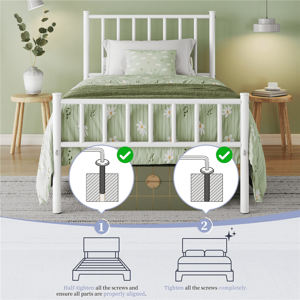 Renwick Twin Size Metal Platform Bed with Headboard, White
