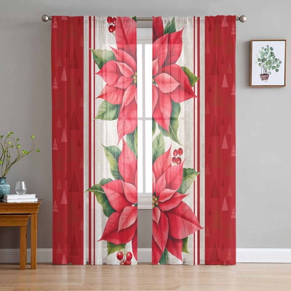 Red Poinsettia Christmas Sheer Curtains 72 Inches Long, Xmas Botanical Floral Modern Art Light Filtering Window Curtains for Living Room, Rod Pocket Voile Sheer Curtain Drapes, 52"Wx72"L, 2 Panels