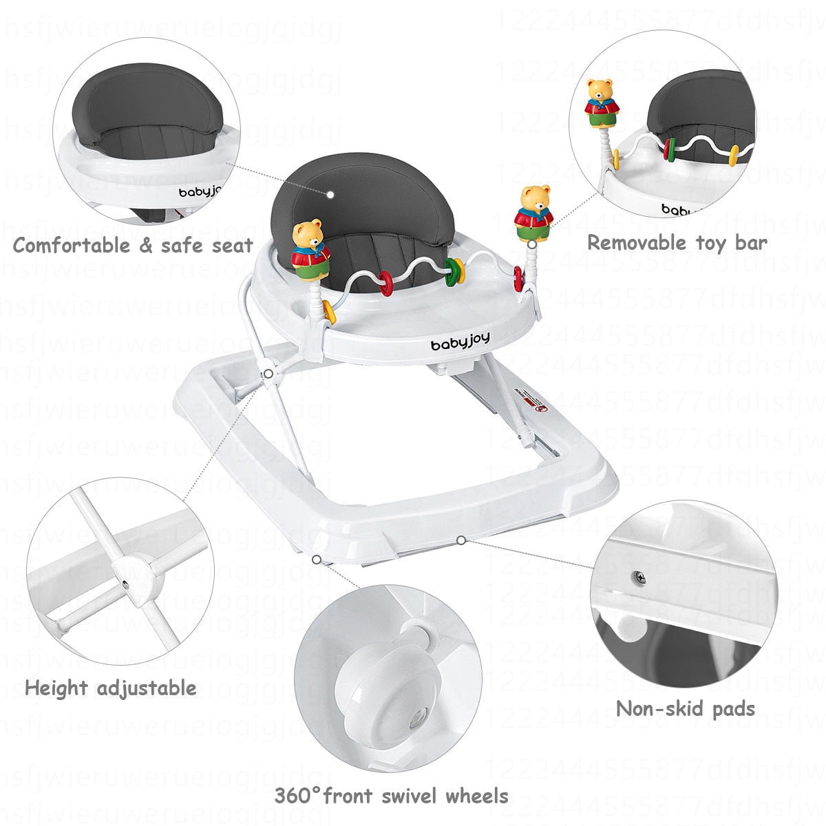 Costway Baby Walker Adjustable Height Removable Toy Wheels Folding Portable Gray