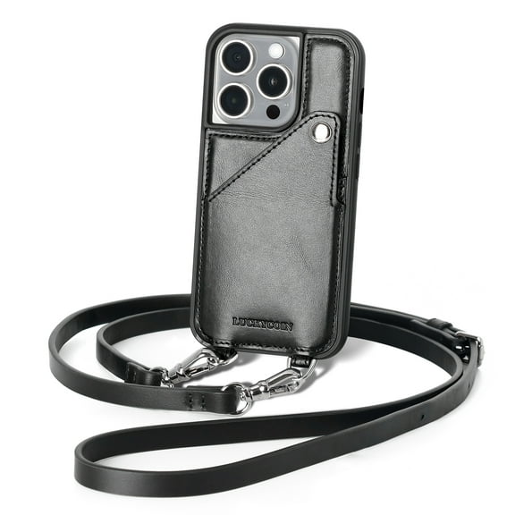 Luckycoin Black Handmade Genuine Leather Crossbody Case for iPhone 14 Pro Case 6.1-Inch,with Strap and Flip Wallet Card Holder,Shockproof Durable Scratch Protective