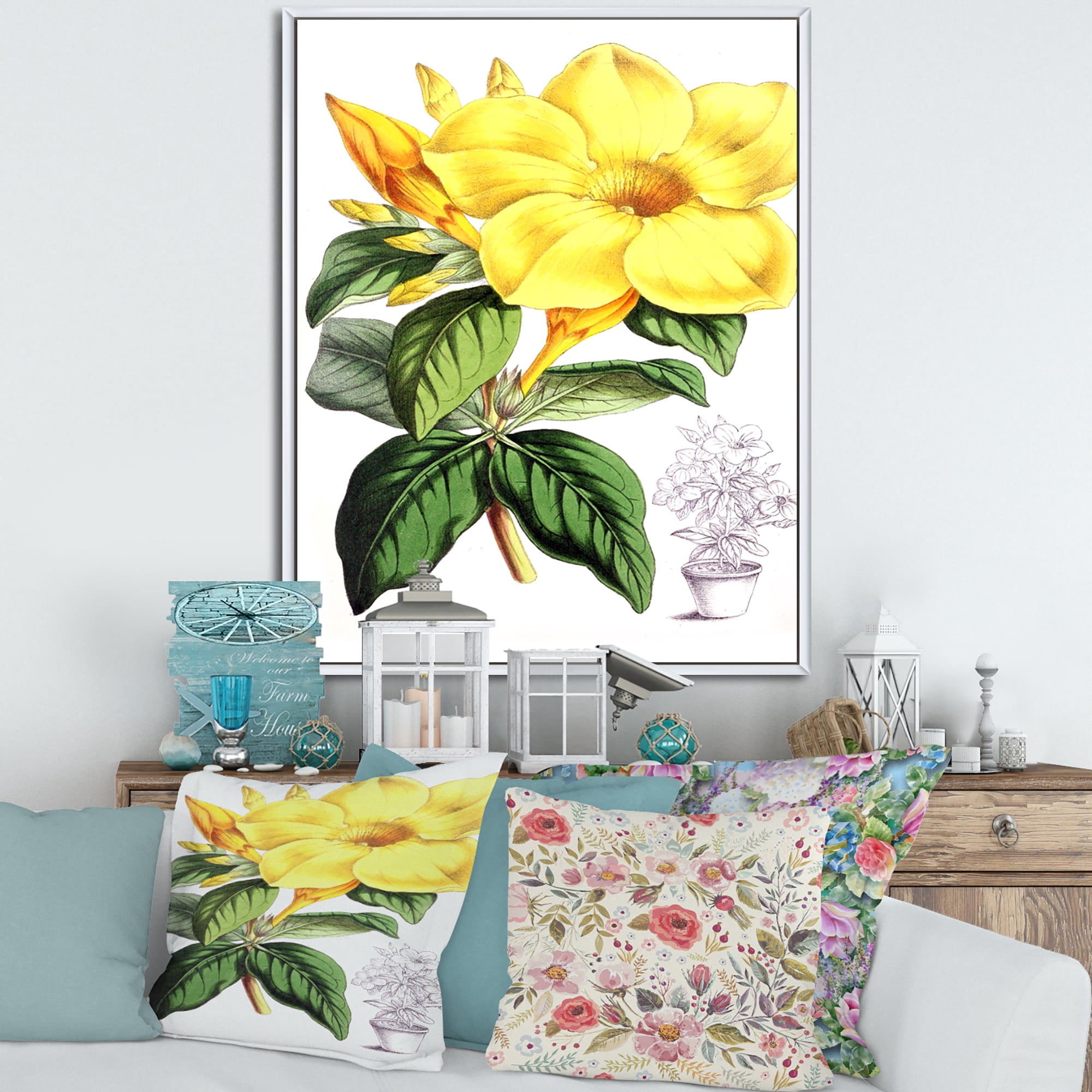Designart 'Green Leaves With Tropical Yellow Flowers II' Traditional Framed Canvas Wall Art Print