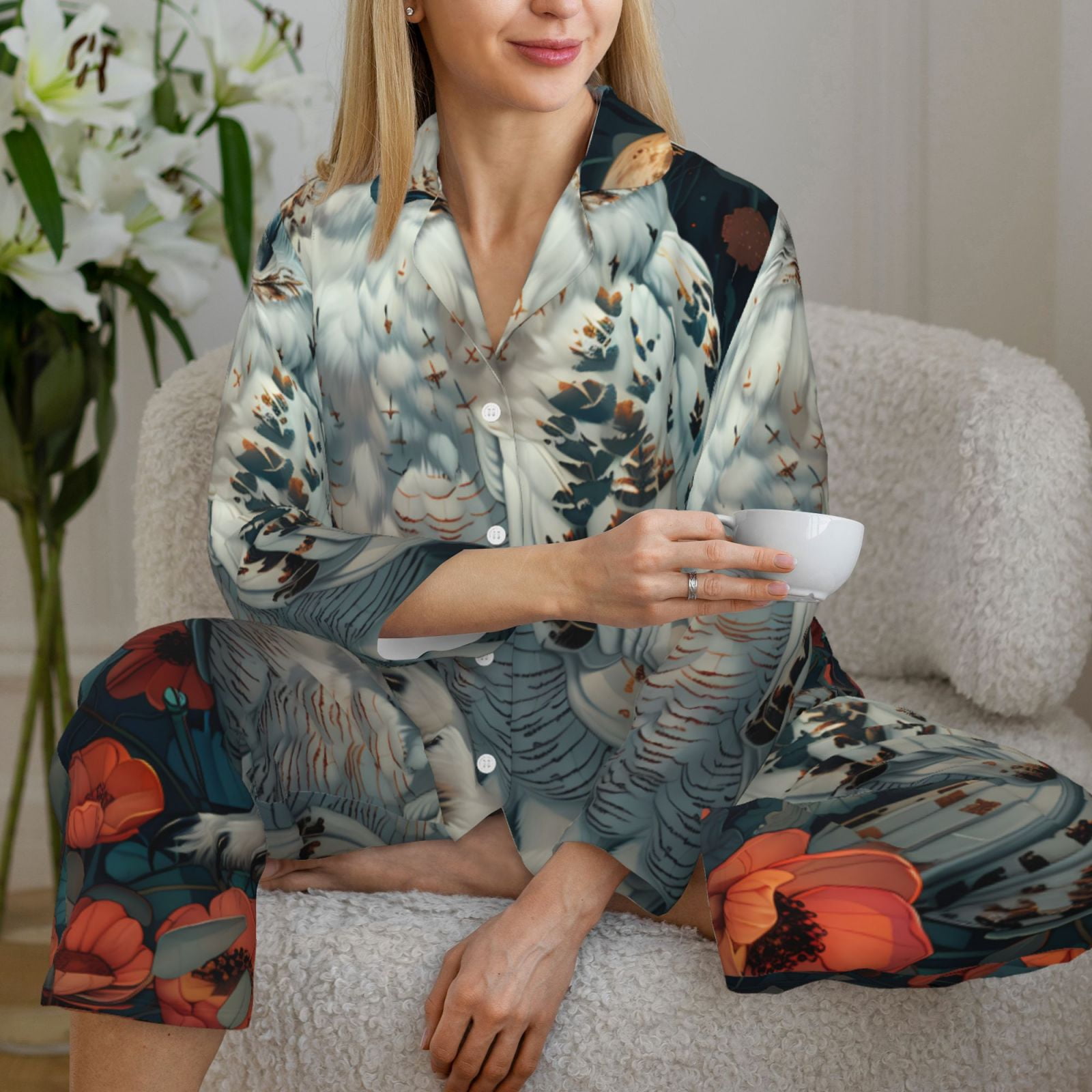 【MOODMOON】Antique Flower Long Sleeve Pajama Set Pajamas for Women Sets, Moon Flower White Owl Lounge Sets