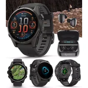 Garmin fenix 8 - 43 mm Sapphire, AMOLED, Carbon Gray DLC Titanium with Black/Pebble Gray Silicone GPS Smartwatch with Black Earbuds