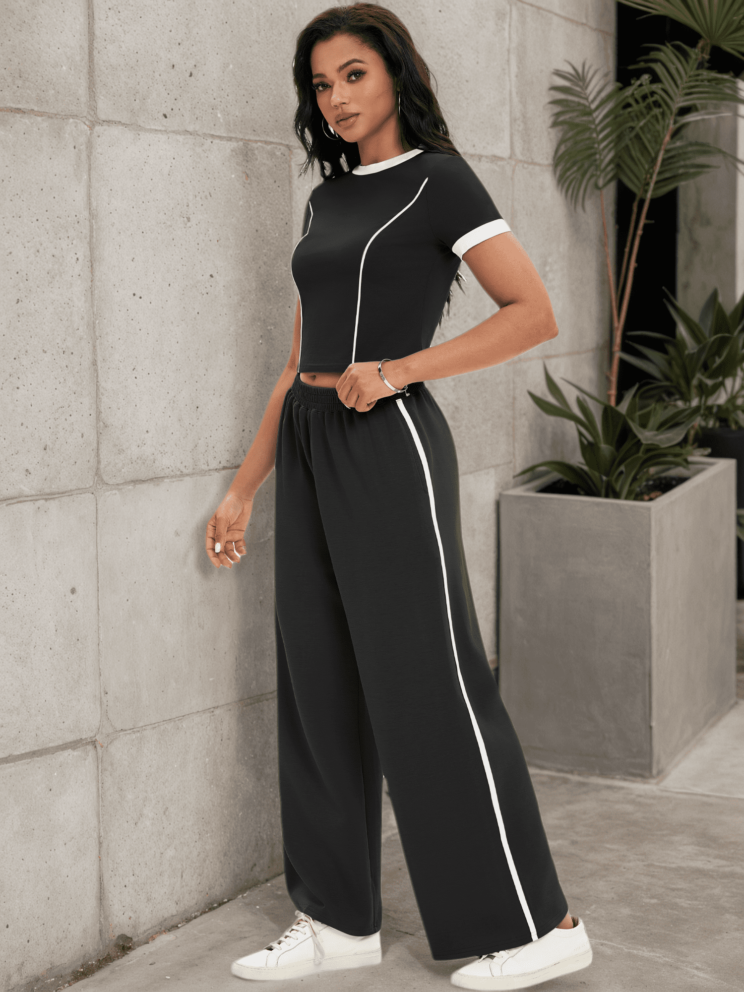 DARING DIVA Women 2 Pieces Set Crop Tops Wide Leg Pants Fall Outfits XL Black